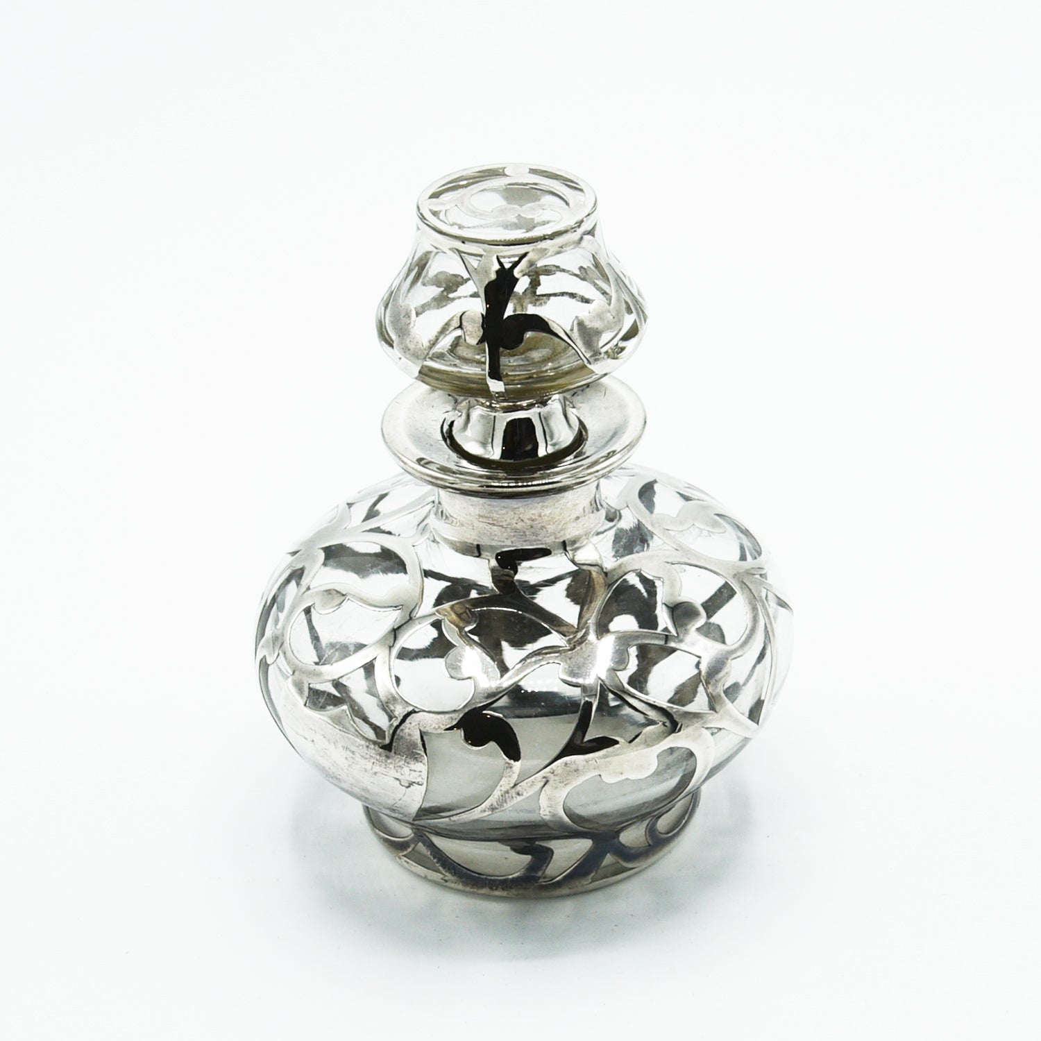 Antique Silver Overlay Perfume Bottle - 5 1/4" Tall