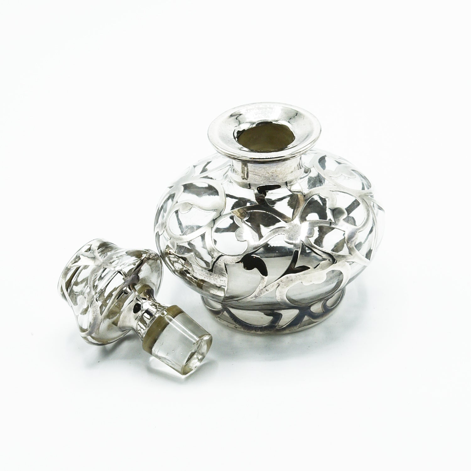 Antique Silver Overlay Perfume Bottle - 5 1/4" Tall