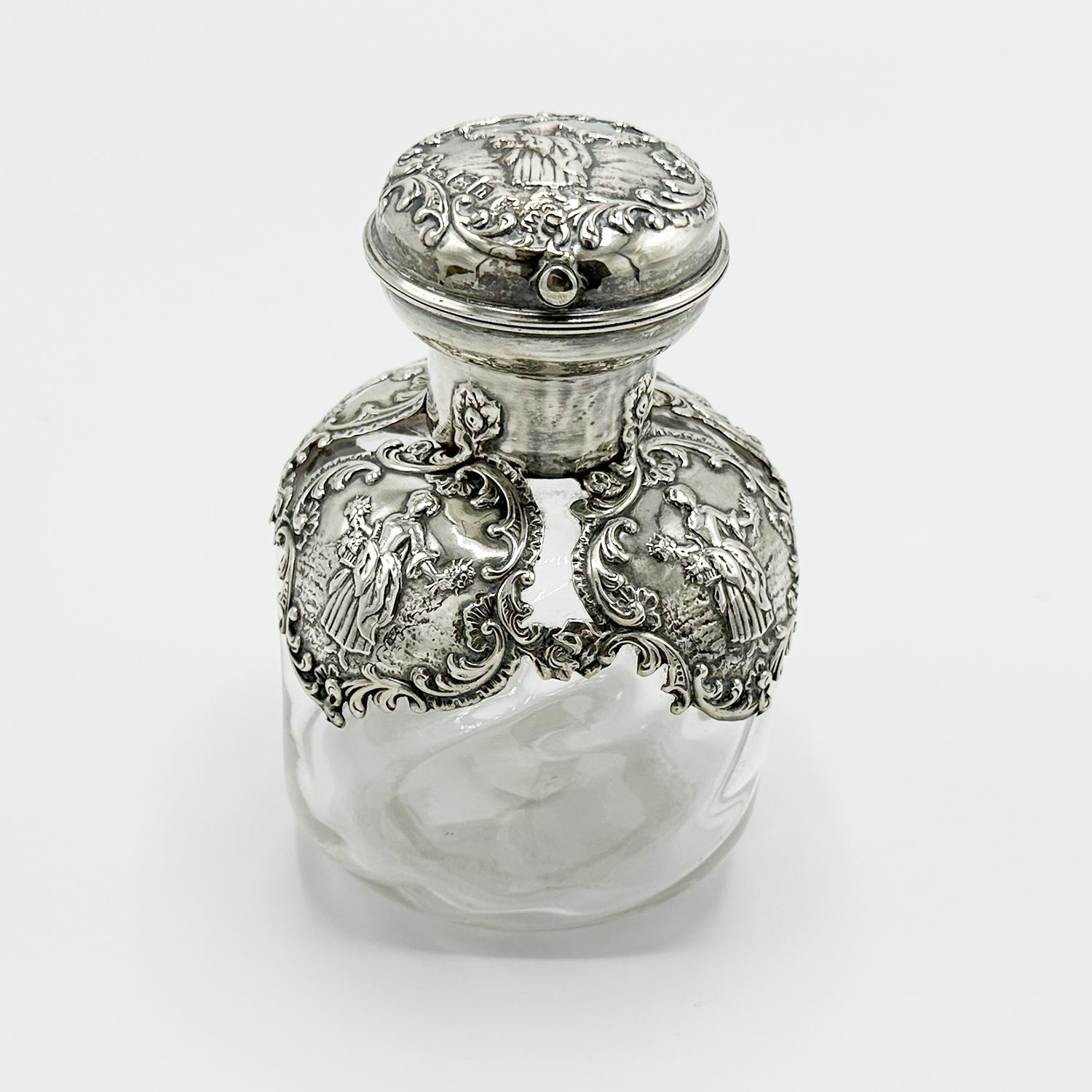 Antique Silver Overlay Perfume Bottle and Top - 5" Tall
