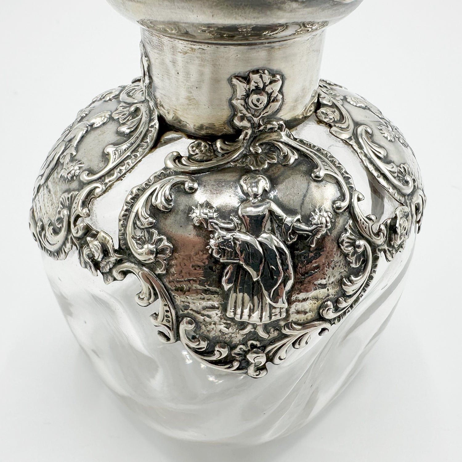 Antique Silver Overlay Perfume Bottle and Top - 5" Tall