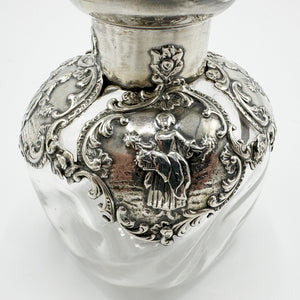 Antique Silver Overlay Perfume Bottle and Top - 5" Tall