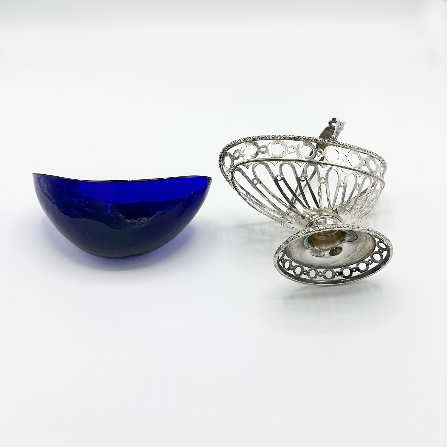 Antique Silver and Cobalt Blue Glass Candy Dish