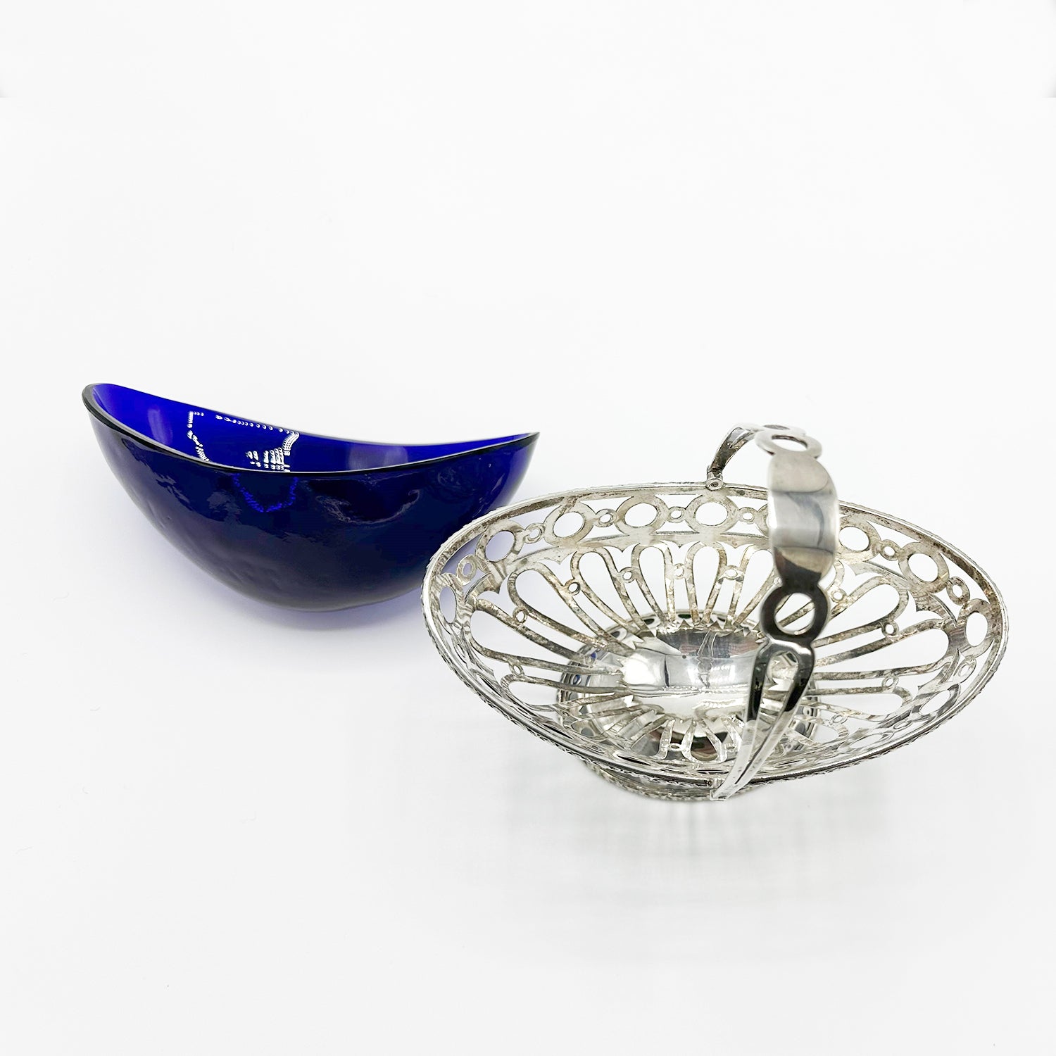 Antique Silver and Cobalt Blue Glass Candy Dish