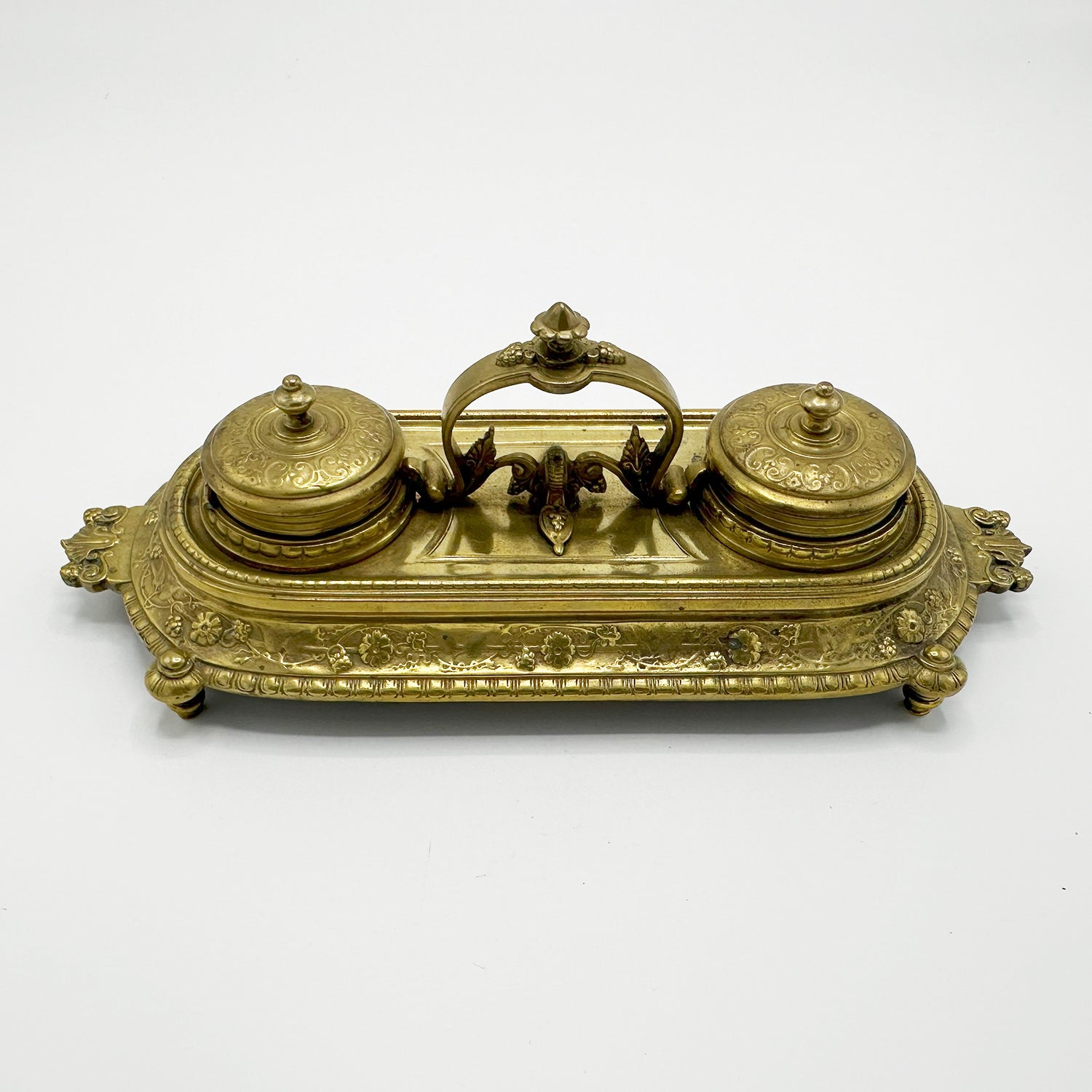 Antique Cast Brass Ink and Pen Set with Glass Ink Liners - 4" Tall