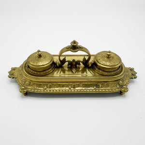Antique Cast Brass Ink and Pen Set with Glass Ink Liners - 4" Tall