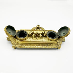 Antique Cast Brass Ink and Pen Set with Glass Ink Liners - 4" Tall